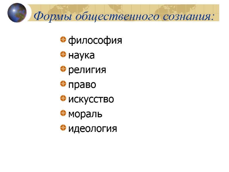 Формы общественного сознания: философия наука религия право искусство мораль идеология